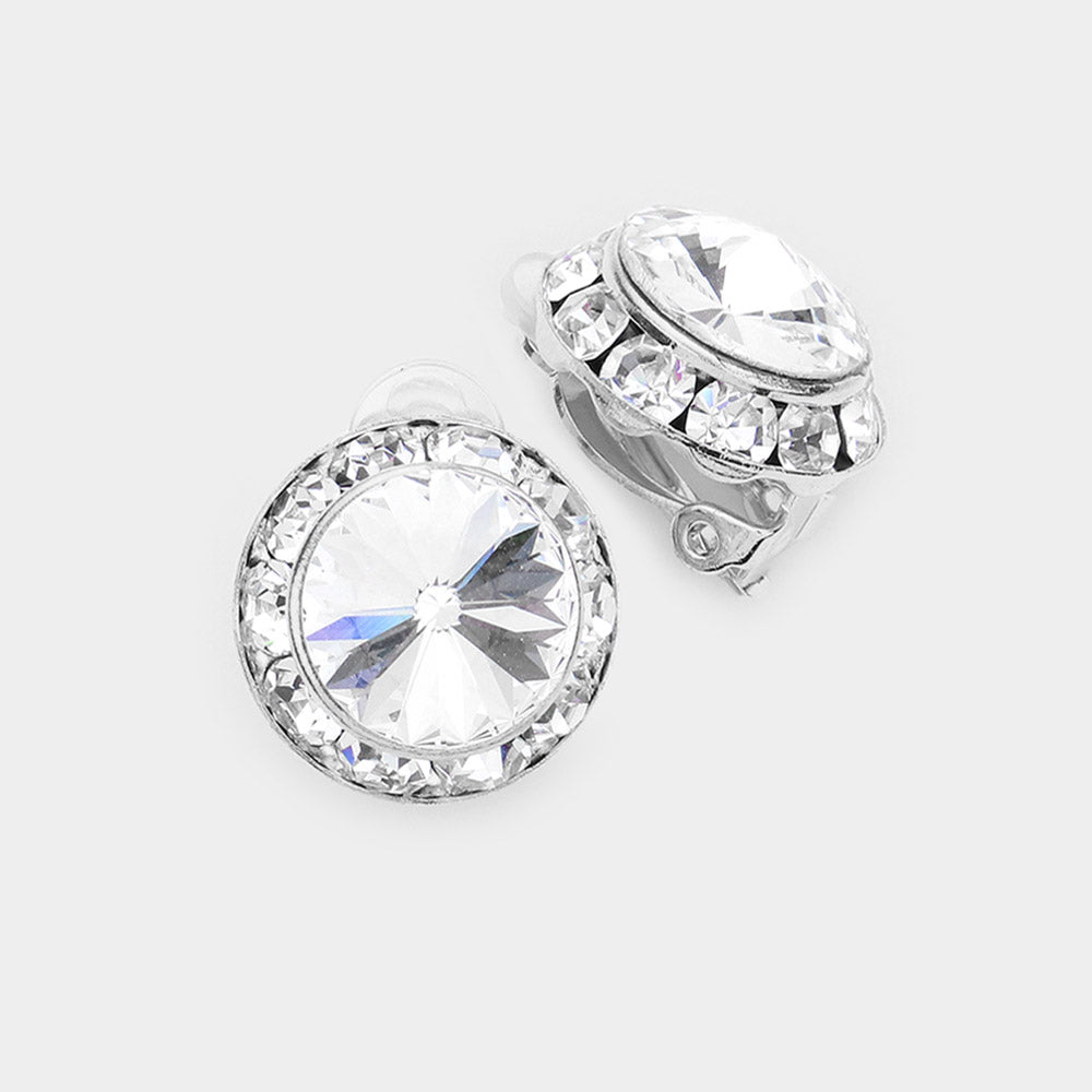 Clear, Silver Rivoli Cut Genuine Crystal Clip on Earrings