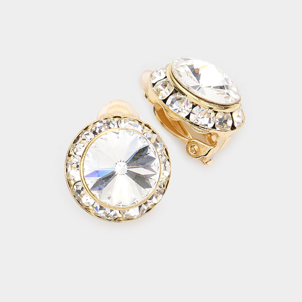 Gold Rivoli Cut Genuine Crystal Clip on Earrings