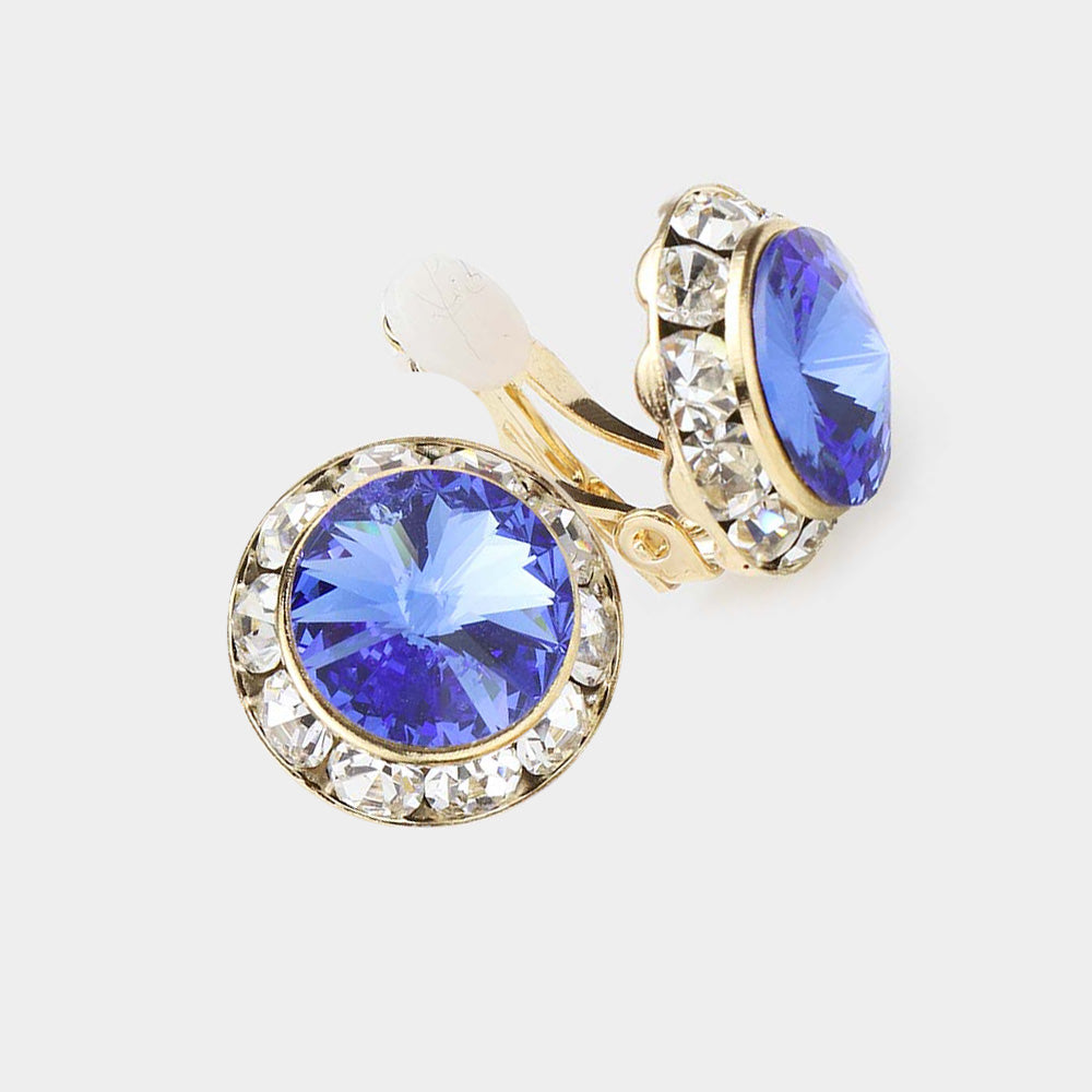 Gold, Sapphire Rivoli Cut Genuine Crystal Clip on Earrings
