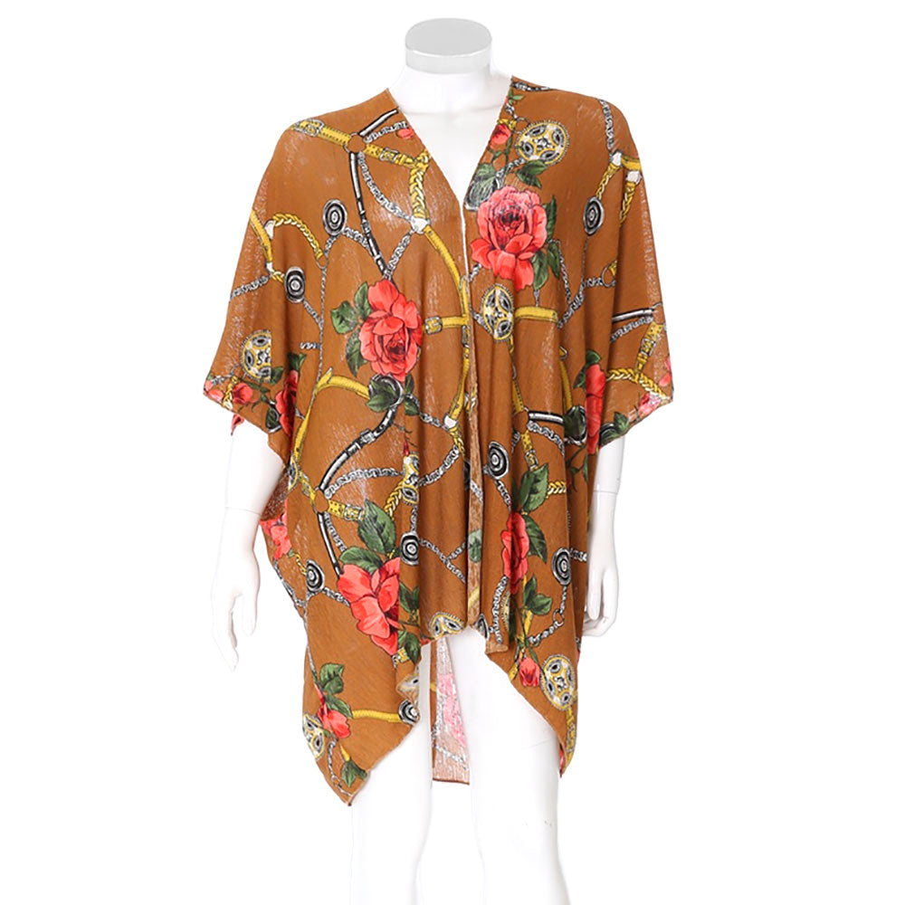 Rose Flower Chain Print Cover Up Kimono Poncho Beachwear - Tan - Kimonos