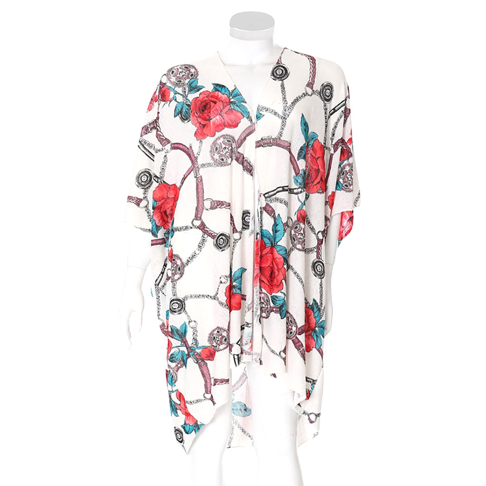 Rose Flower Chain Print Cover Up Kimono Poncho Beachwear - White - Kimonos
