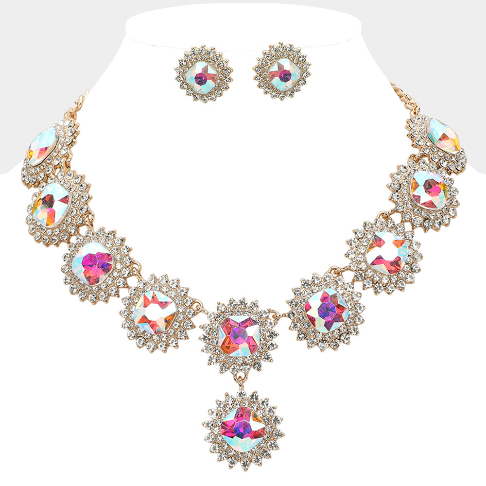 AB, Gold Round Glass Stone Cluster Link Evening Necklace