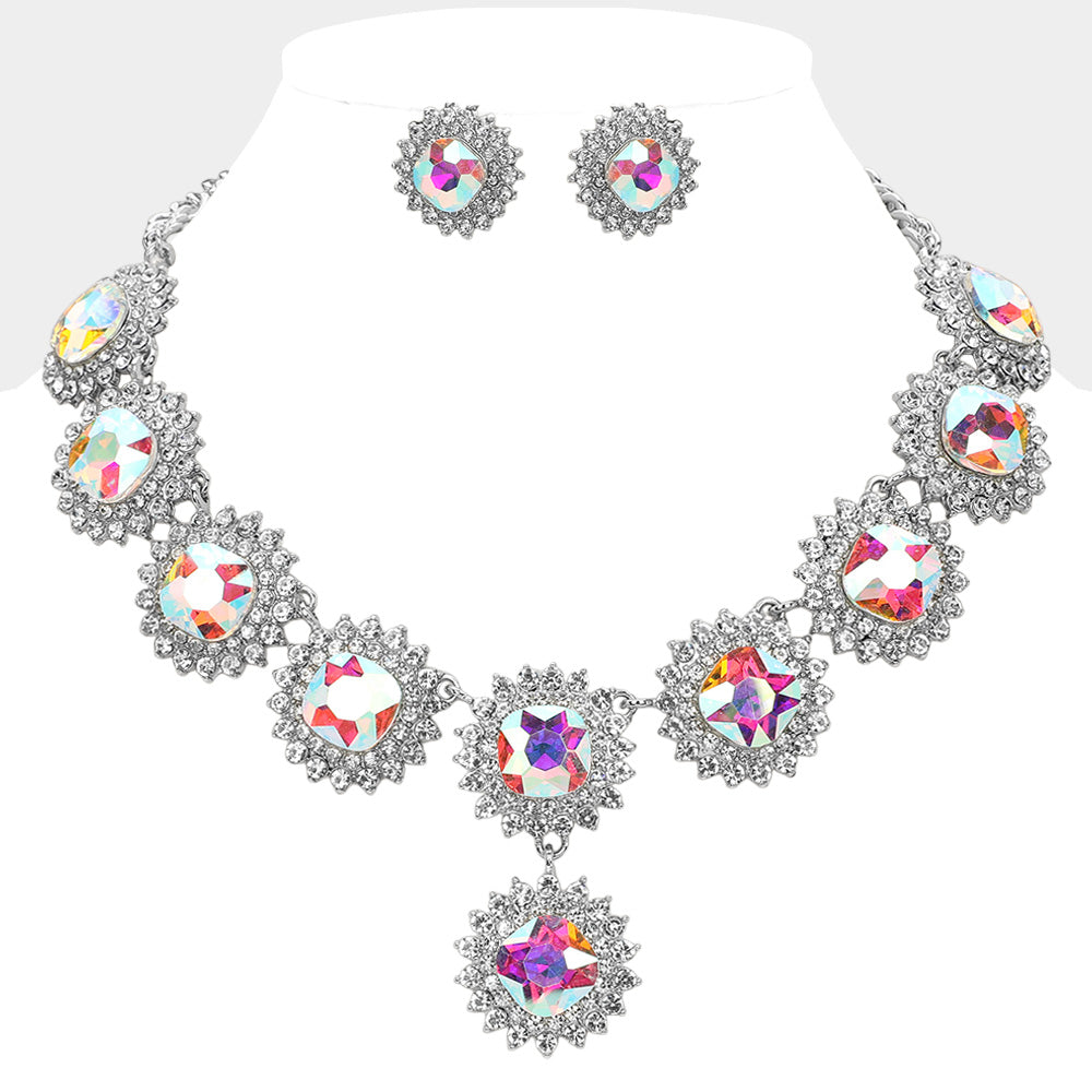 AB, Rhodium Round Glass Stone Cluster Link Evening Necklace