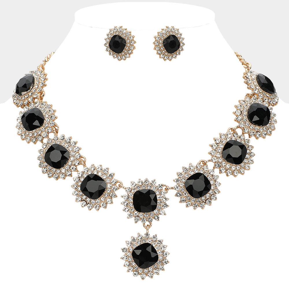 Black Round Glass Stone Cluster Link Evening Necklace