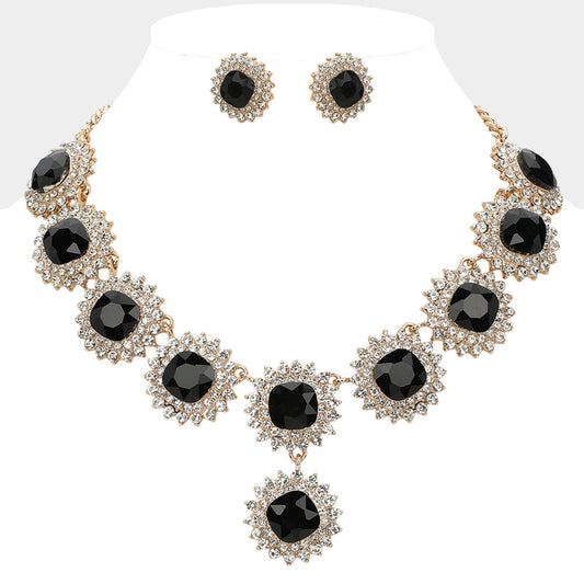 Black Round Glass Stone Cluster Link Evening Necklace