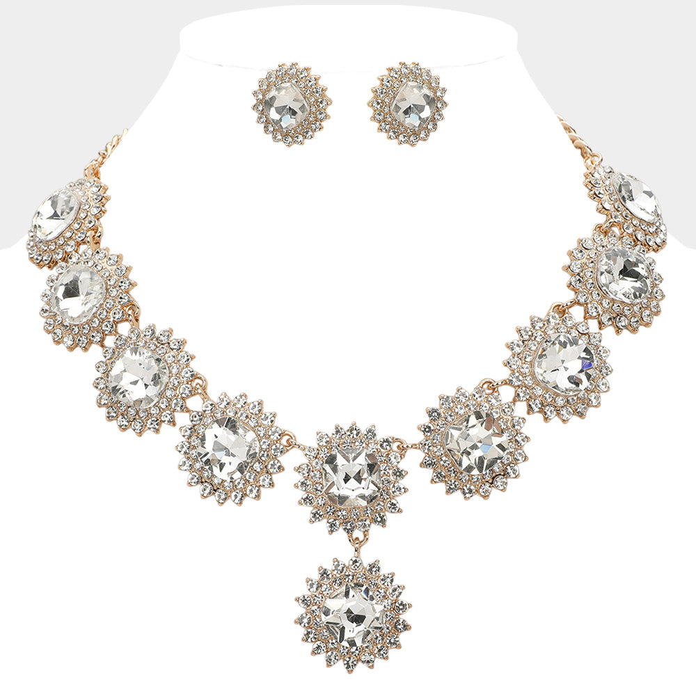 Clear, Gold Round Glass Stone Cluster Link Evening Necklace