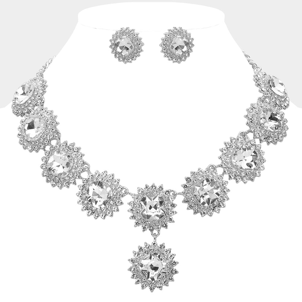 Clear, Rhodium Round Glass Stone Cluster Link Evening Necklace