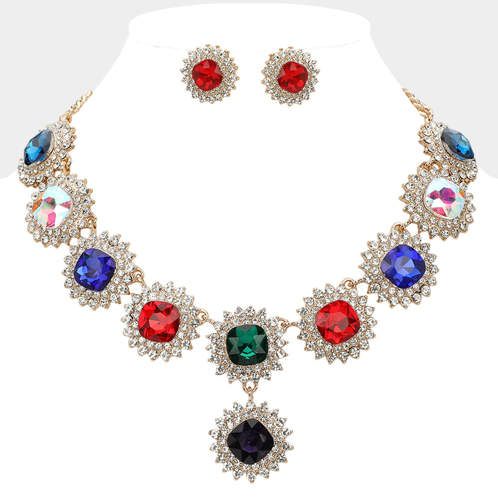 Multi Round Glass Stone Cluster Link Evening Necklace