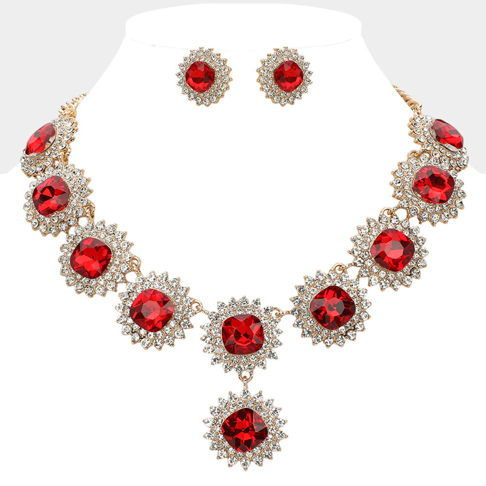 Red Round Glass Stone Cluster Link Evening Necklace