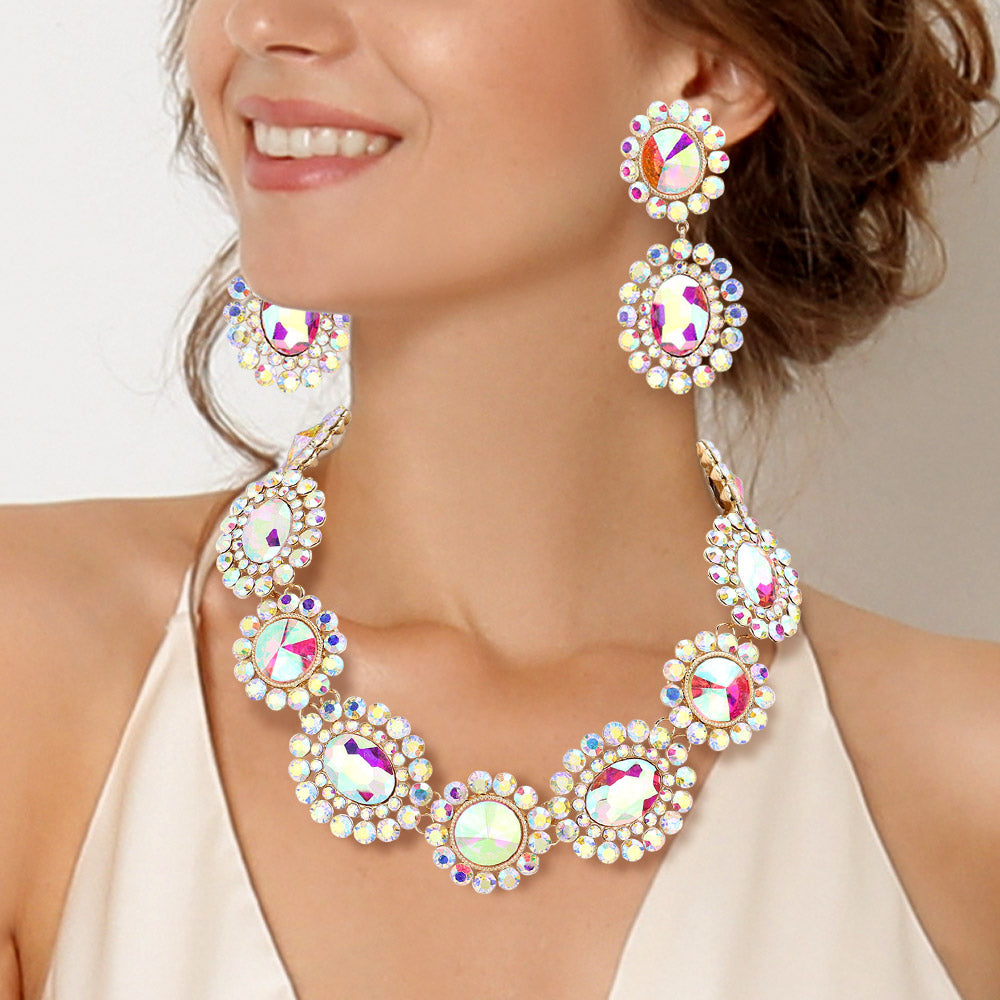 AB, Gold Round Oval Stone Accented Evening Necklace