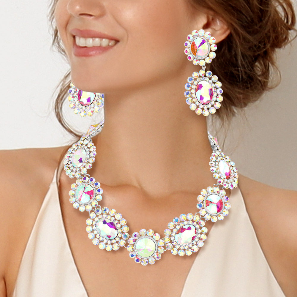 AB, Silver Round Oval Stone Accented Evening Necklace