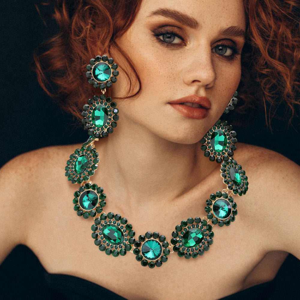 Gold, Green Round Oval Stone Accented Evening Necklace