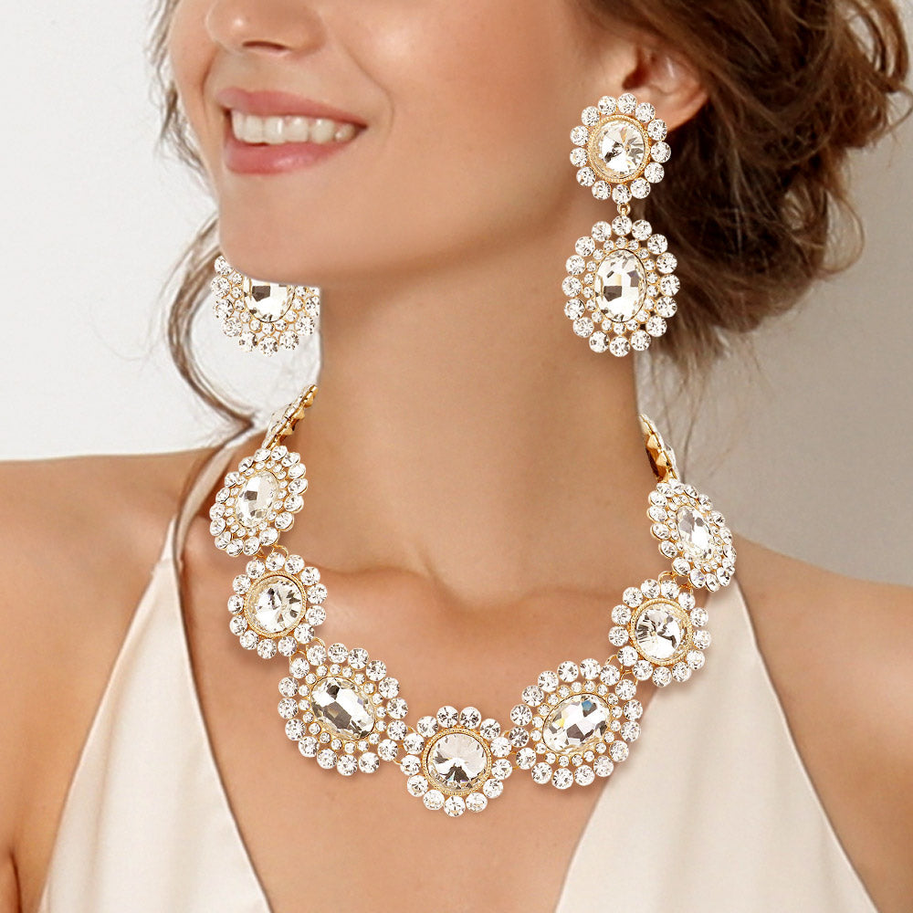 Gold Round Oval Stone Accented Evening Necklace