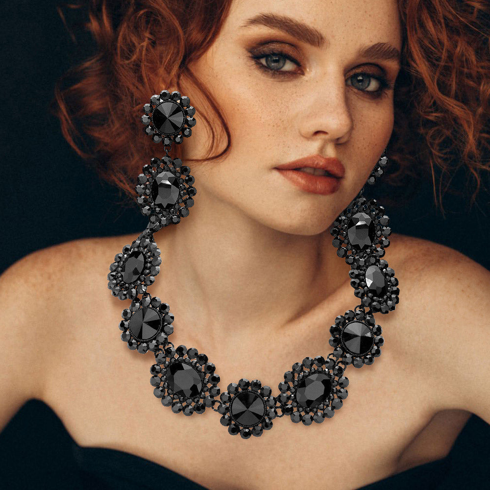 Jet Black Round Oval Stone Accented Evening Necklace