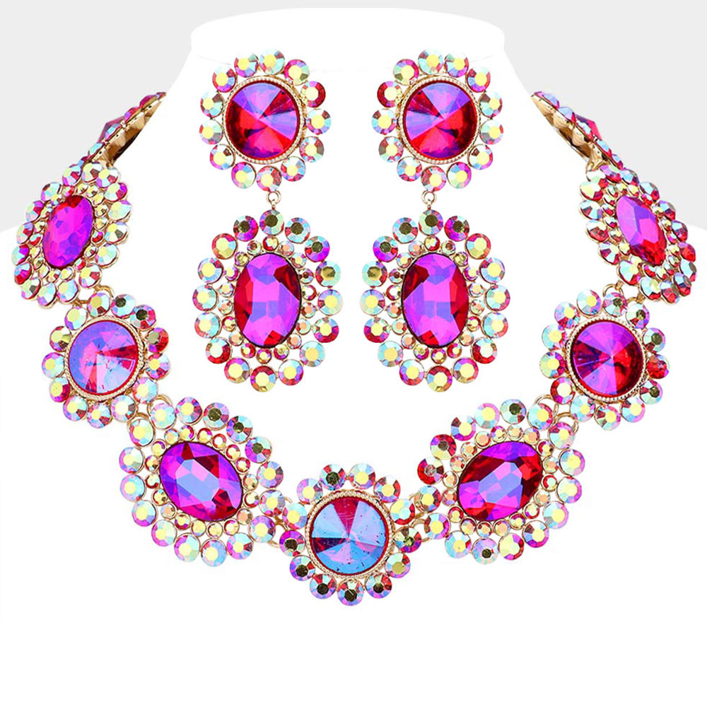 Purple Round Oval Stone Accented Evening Necklace