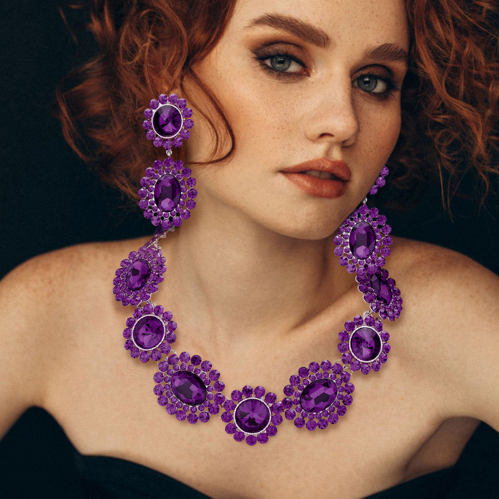 Purple , Silver Round Oval Stone Accented Evening Necklace