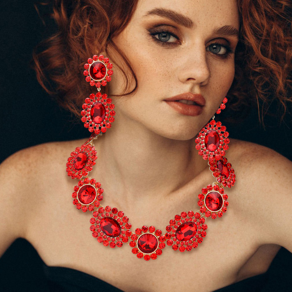Red Round Oval Stone Accented Evening Necklace