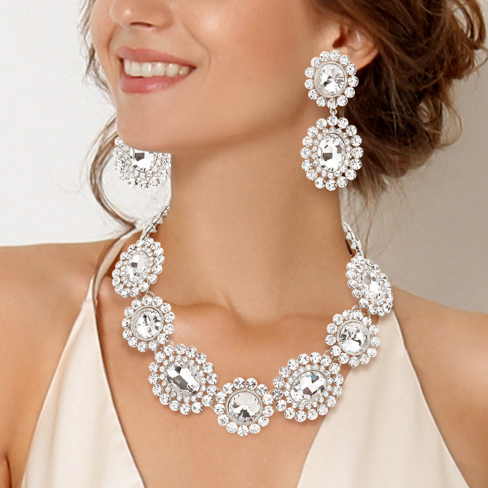 Silver Round Oval Stone Accented Evening Necklace