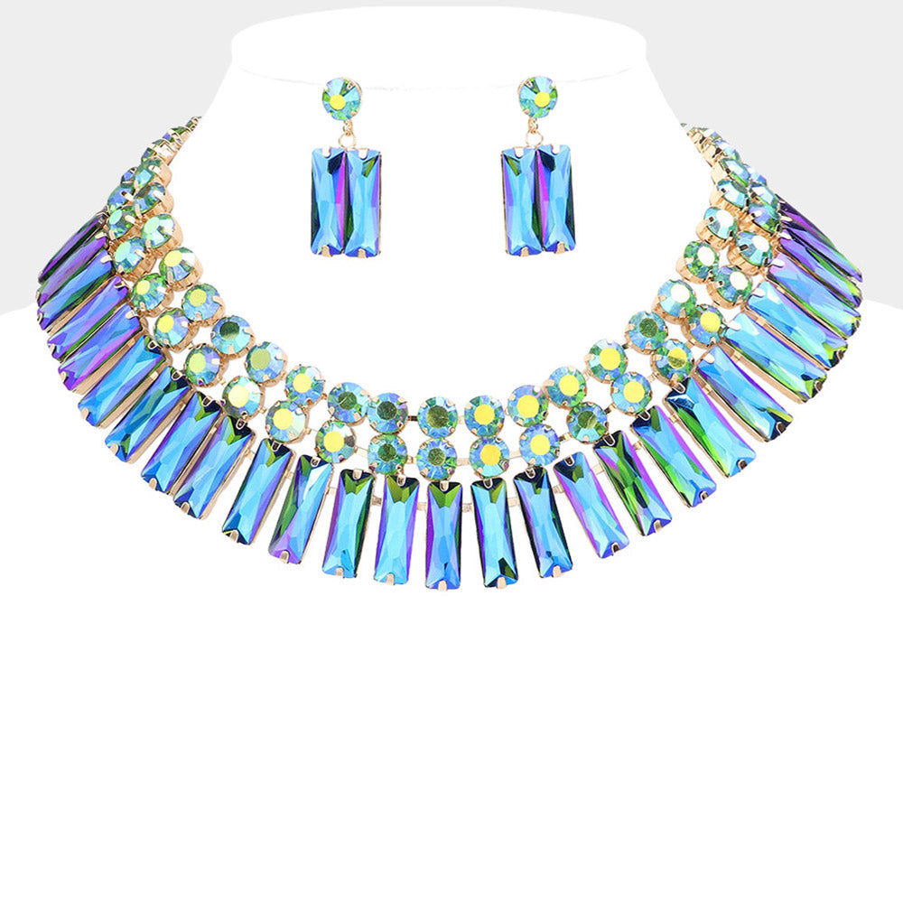 AB, Gold, Green Round Rectangle Stone Cluster Evening Necklace
