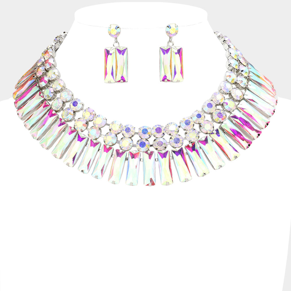 AB, Rhodium Round Rectangle Stone Cluster Evening Necklace