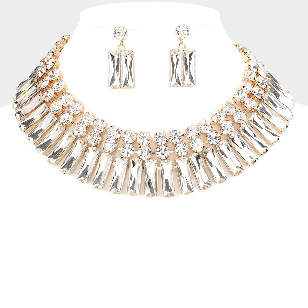 Clear, Gold Round Rectangle Stone Cluster Evening Necklace