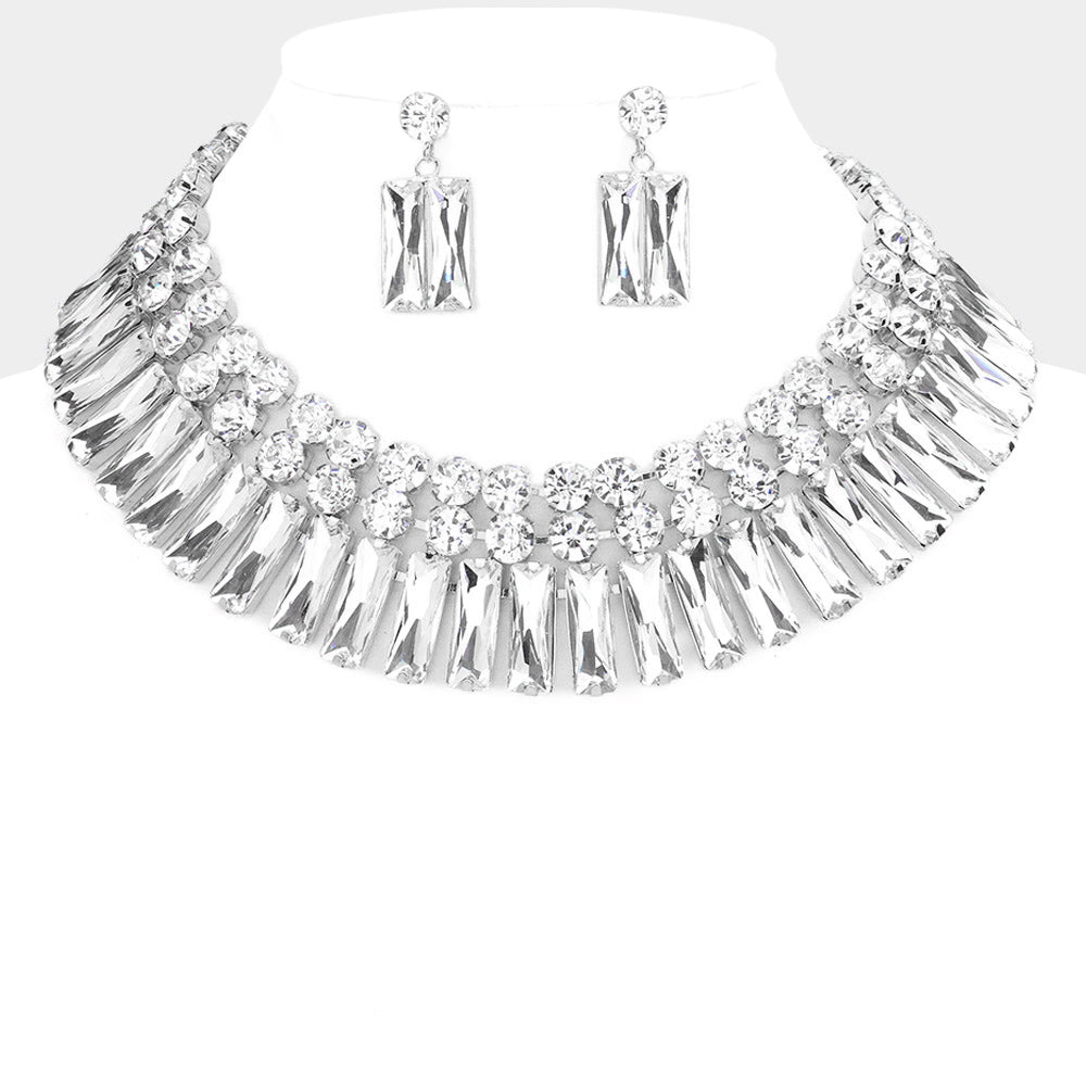 Clear, Rhodium Round Rectangle Stone Cluster Evening Necklace