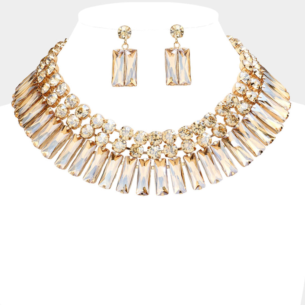 Gold, Lt Col Topaz Round Rectangle Stone Cluster Evening Necklace