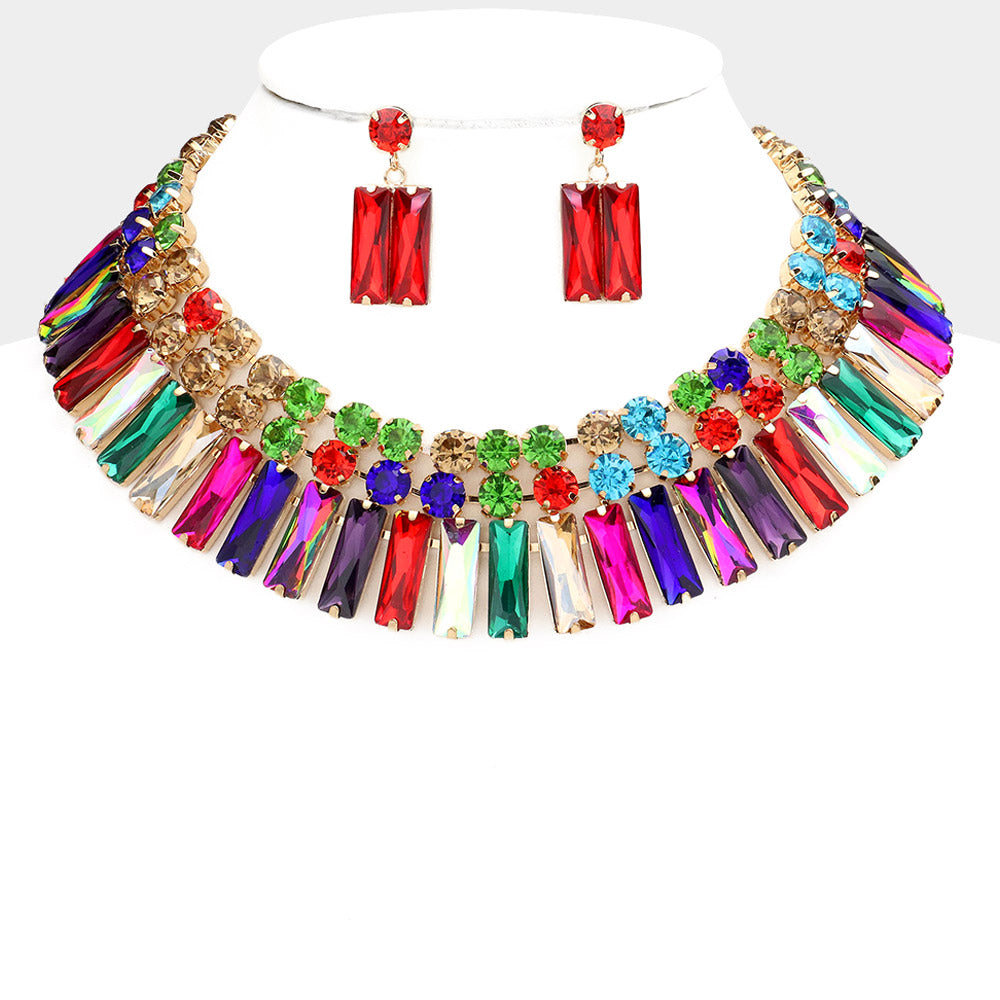 Multi Round Rectangle Stone Cluster Evening Necklace
