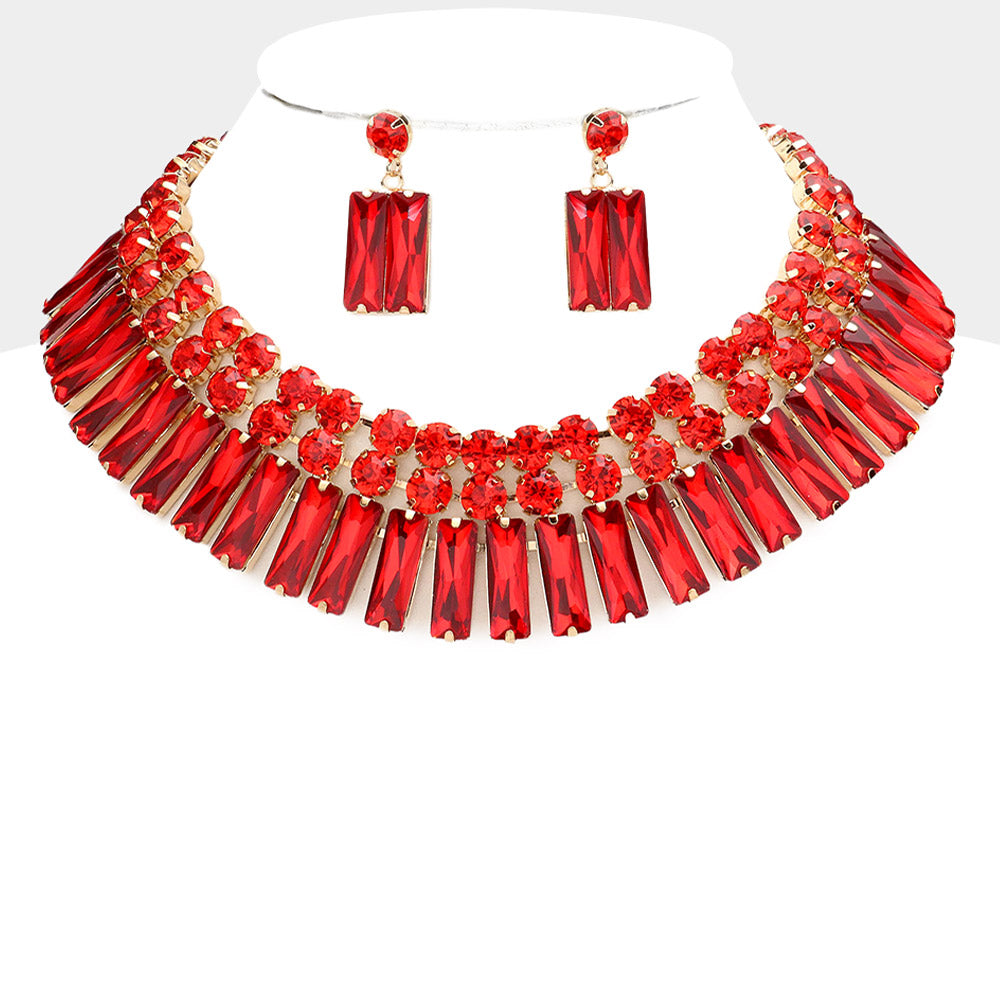Red Round Rectangle Stone Cluster Evening Necklace