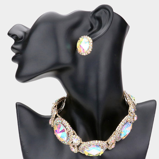 AB, Gold Round Stone Accented Evening Choker Necklace