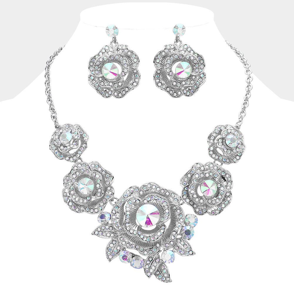 AB, Silver Round Stone Accented Rhinestone Paved Rose Embellished Statement Necklace