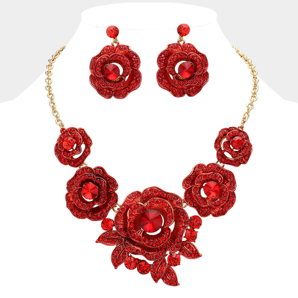 Gold, Red Round Stone Accented Rhinestone Paved Rose Embellished Statement Necklace