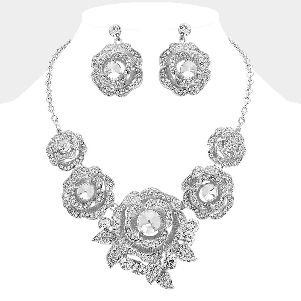 Clear, Silver Round Stone Accented Rhinestone Paved Rose Embellished Statement Necklace