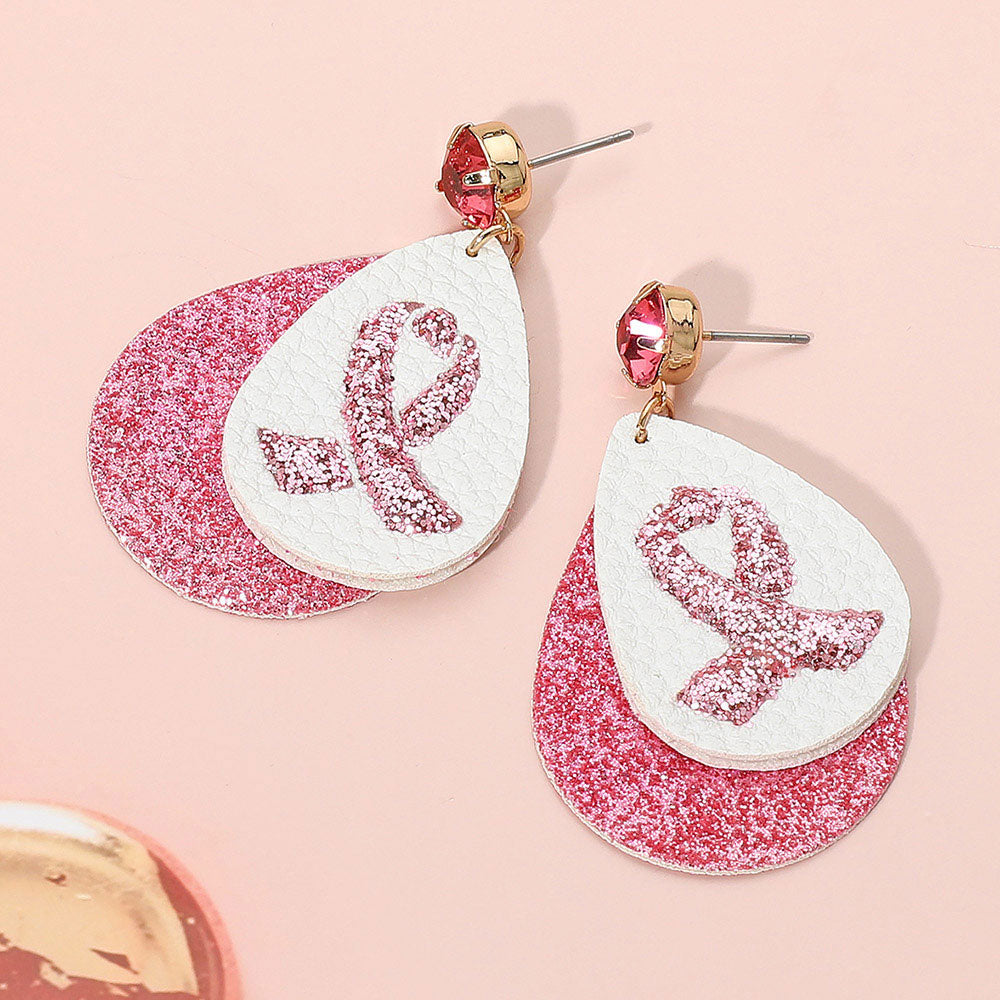 Pink Round Stone Bling Pink Ribbon Accented Teardrop Dangle Earrings