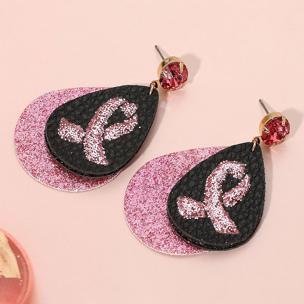 Black Round Stone Bling Pink Ribbon Accented Teardrop Dangle Earrings