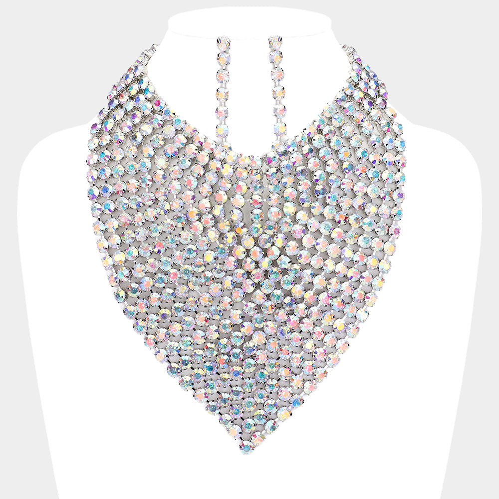 AB, Rhodium Round Stone Statement Bib Evening Necklace