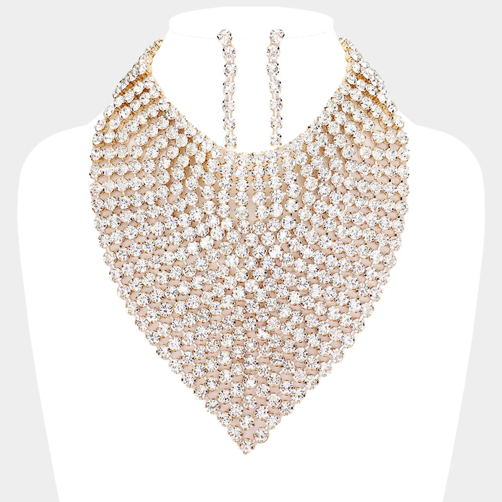 Clear, Gold Round Stone Statement Bib Evening Necklace