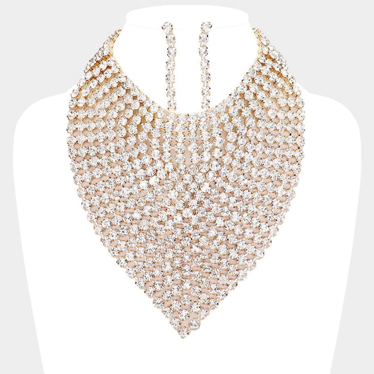 Clear, Gold Round Stone Statement Bib Evening Necklace