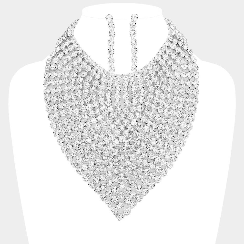 Clear, Rhodium Round Stone Statement Bib Evening Necklace