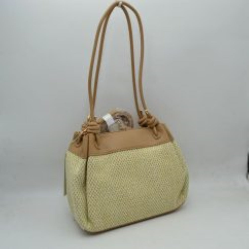 Saddle tan Embrace a relaxed yet sophisticated aesthetic with this beautifully textured shoulder bag. The design prominently features a classic woven mesh panel across the main body, paired seamlessly with smooth trim along the upper edge and base. Dual slender shoulder straps attach to the bag with elegant, integrated knot details at the base, offering a comfortable drop for easy over-the-shoulder carrying. 
