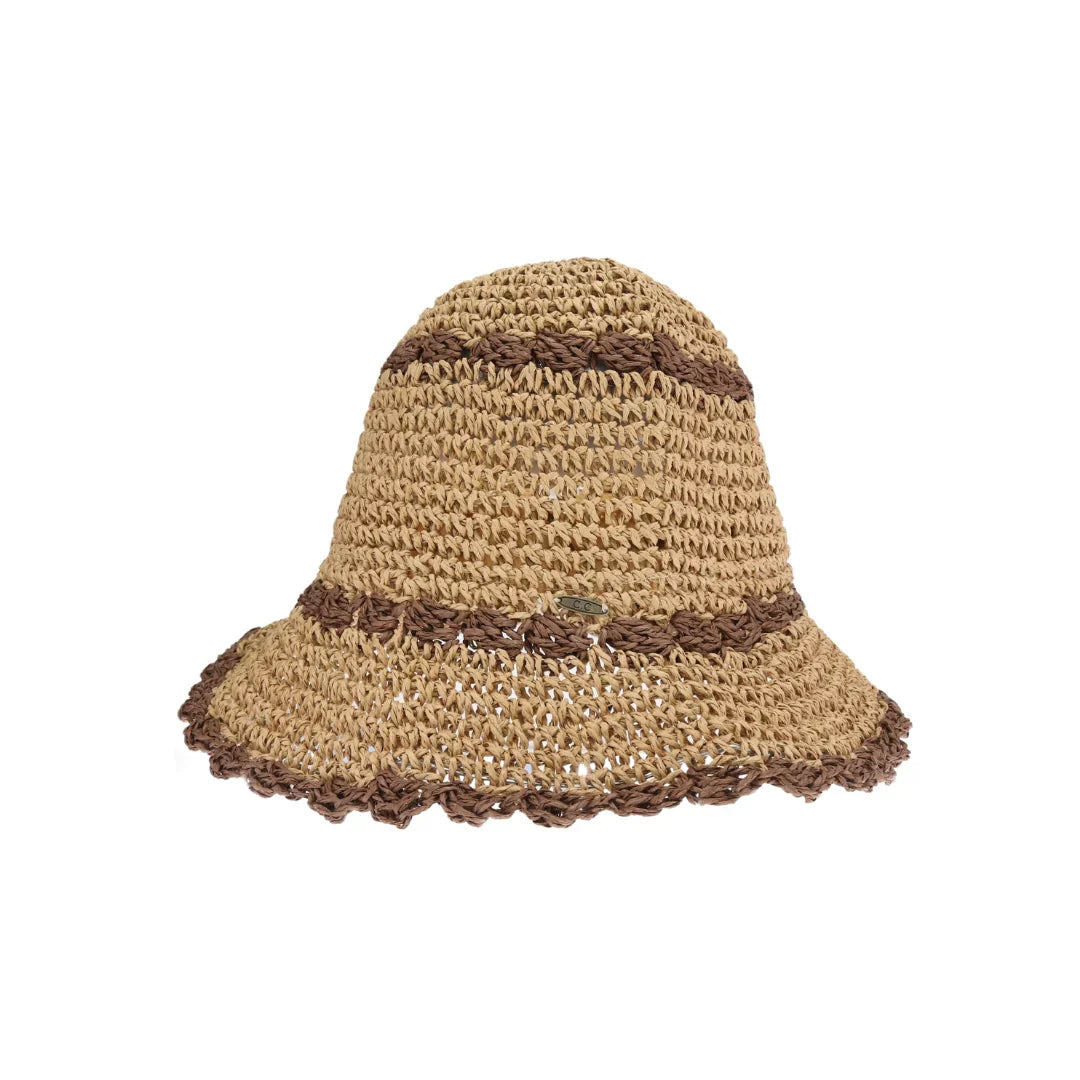 Dark natural Scalloped Edge Paper Straw Hand Crochet C.C Bucket Hat combines artisanal craftsmanship with practical design. Made from lightweight paper straw, it features a hand-crocheted texture and a distinctive scalloped edge, offering both breathability and subtle sun protection. This expertly crafted bucket hat adds a refined, textured element to your warm-weather wardrobe, perfect for those seeking a blend of style and comfort.