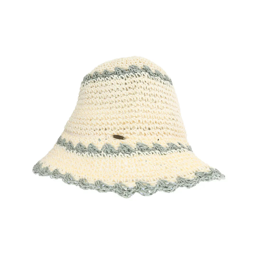 Ivory Scalloped Edge Paper Straw Hand Crochet C.C Bucket Hat combines artisanal craftsmanship with practical design. Made from lightweight paper straw, it features a hand-crocheted texture and a distinctive scalloped edge, offering both breathability and subtle sun protection. This expertly crafted bucket hat adds a refined, textured element to your warm-weather wardrobe, perfect for those seeking a blend of style and comfort.