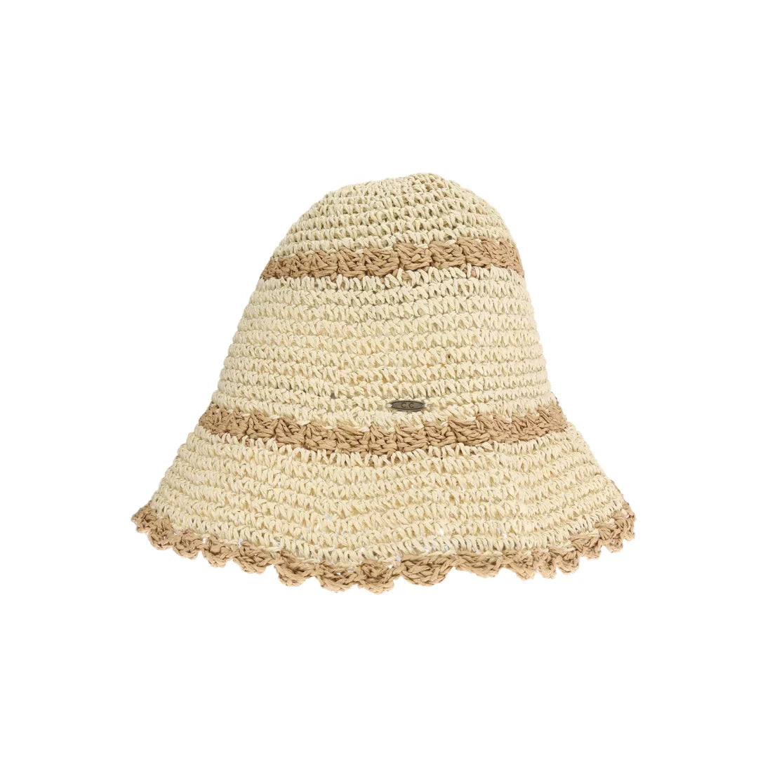 Natural Scalloped Edge Paper Straw Hand Crochet C.C Bucket Hat combines artisanal craftsmanship with practical design. Made from lightweight paper straw, it features a hand-crocheted texture and a distinctive scalloped edge, offering both breathability and subtle sun protection. This expertly crafted bucket hat adds a refined, textured element to your warm-weather wardrobe, perfect for those seeking a blend of style and comfort.
