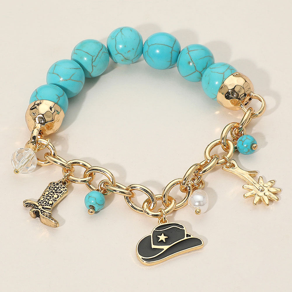 Gold SECRET BOX_Western Cowboy Hat Boot Flower Pearl Charm Beaded Stretch Bracelet