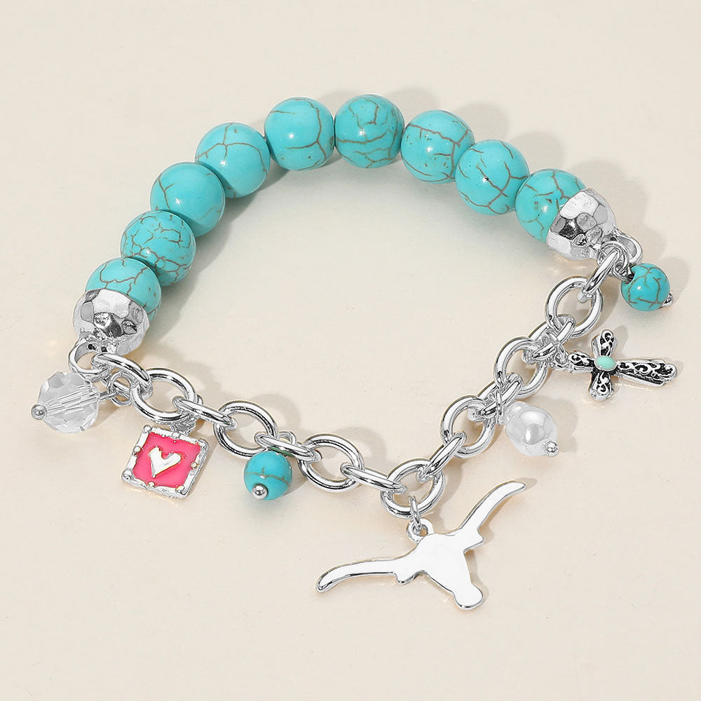 Silver SECRET BOX_Western Steer Head Cross Heart Pearl Charm Beaded Stretch Bracelet