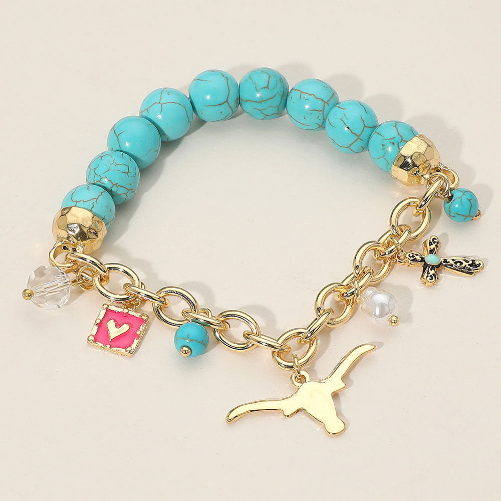 Gold SECRET BOX_Western Steer Head Cross Heart Pearl Charm Beaded Stretch Bracelet