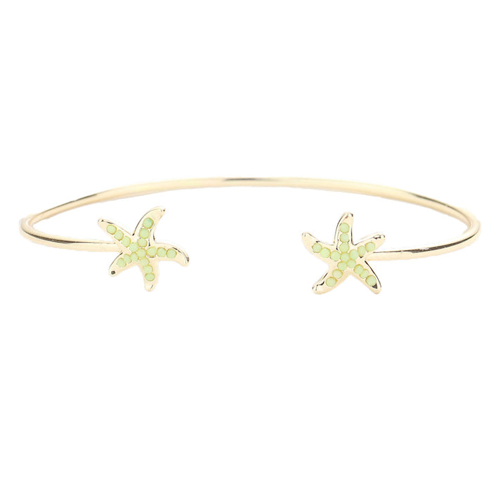 Mint Seed Beaded Embellished Metal Starfish Tip Detail Ocean Cuff Bracelet; Bring the ocean to your daily look. Feel carefree as on vacation. Sea Life, bracelet goes perfect with a t-shirt, summer dress or work clothes. Great Birthday gift, Anniversary, Getaway, Beach, Vacay, Mom, Sister, Girlfriend, Summer, Sea Life, Ocean