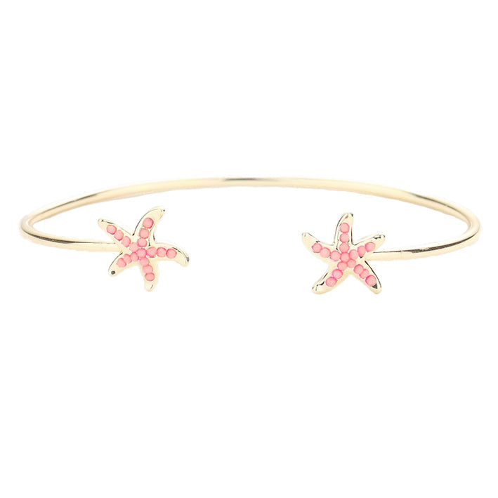 Pink Seed Beaded Embellished Metal Starfish Tip Detail Ocean Cuff Bracelet; Bring the ocean to your daily look. Feel carefree as on vacation. Sea Life, bracelet goes perfect with a t-shirt, summer dress or work clothes. Great Birthday gift, Anniversary, Getaway, Beach, Vacay, Mom, Sister, Girlfriend, Summer, Sea Life, Ocean