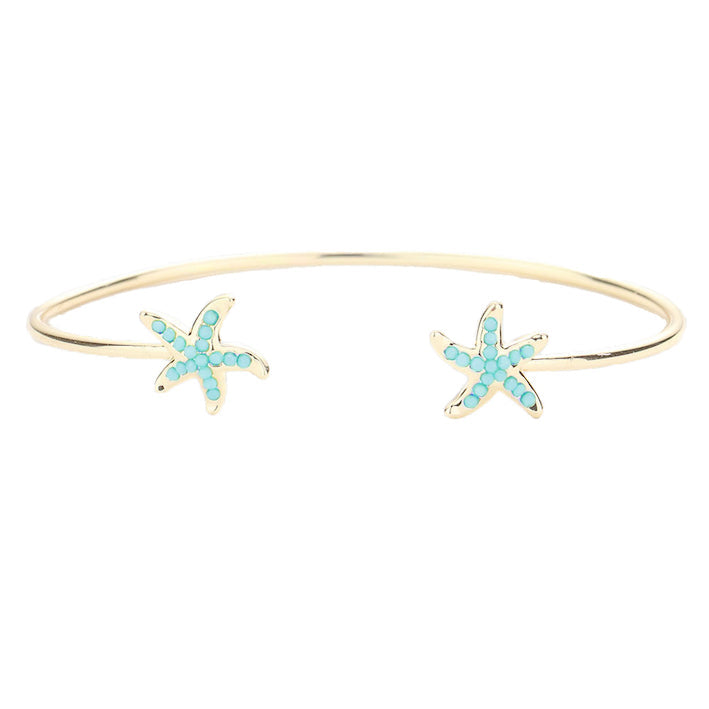Turquoise Seed Beaded Embellished Metal Starfish Tip Detail Ocean Cuff Bracelet; Bring the ocean to your daily look. Feel carefree as on vacation. Sea Life, bracelet goes perfect with a t-shirt, summer dress or work clothes. Great Birthday gift, Anniversary, Getaway, Beach, Vacay, Mom, Sister, Girlfriend, Summer, Sea Life, Ocean