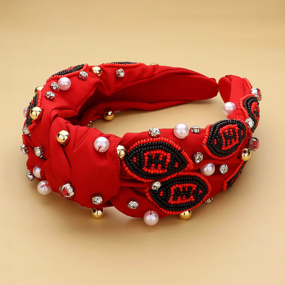 Black, Red Seed Beaded Football Pearl Stone Cluster Embellished Knot Headband
